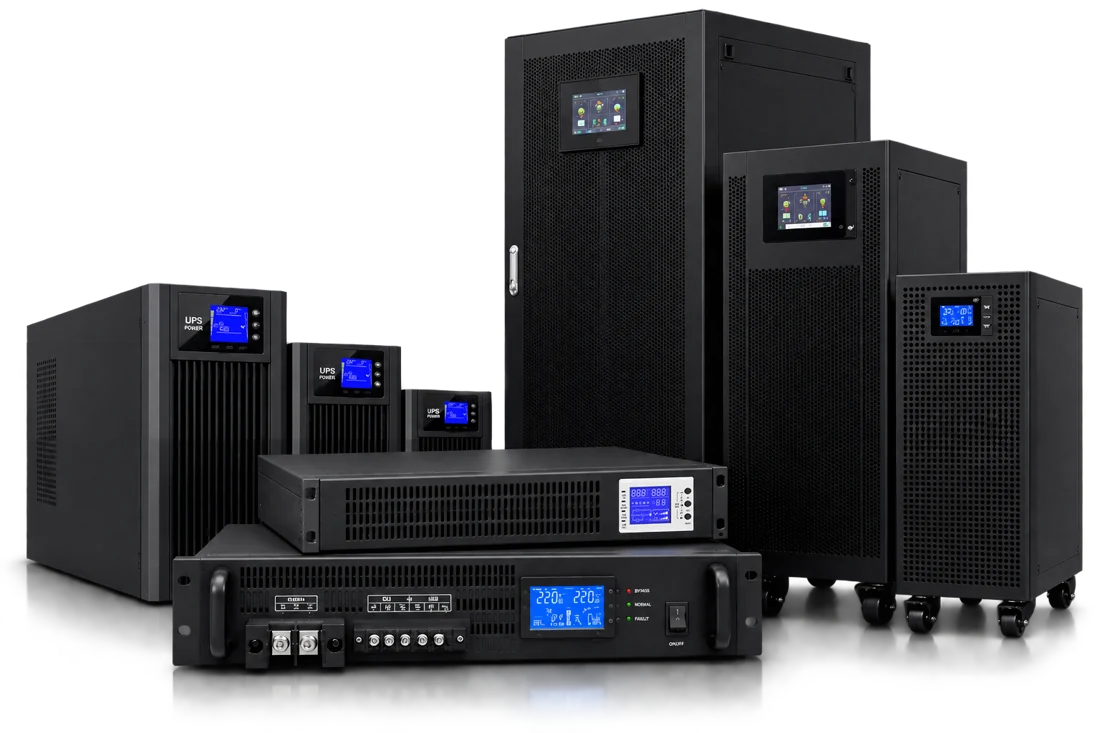 UPS range illustration: tower, industrial and rack configurations