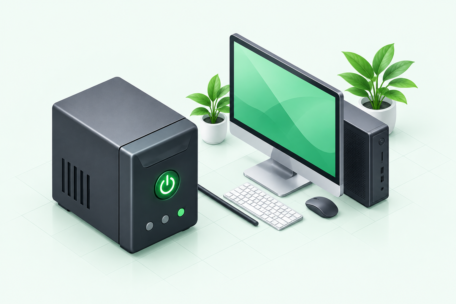 Conceptual isometric illustration of a UPS supporting a desktop computer